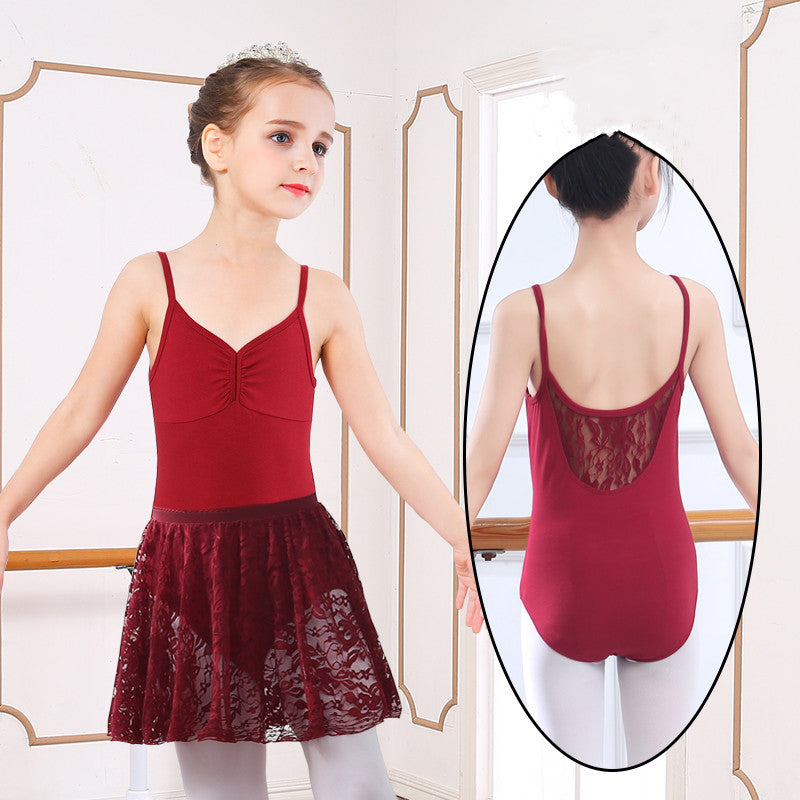 Girl in red ballet leotard with lace skirt and back detail, perfect for dance practice or performance