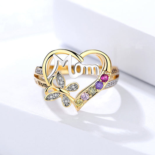 Mother's Day Gift Hollow Heart English Letter Love Mom Rhinestone Butterfly Finger Ring Jewelry Gift - MANDOTOS