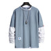 Gray and white long sleeve fashion tee with dog tag necklace, stylish casual wear for men