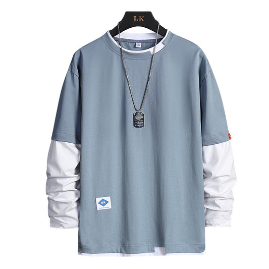 Gray and white long sleeve fashion tee with dog tag necklace, stylish casual wear for men