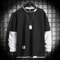Black and white long sleeve T-shirt with dog tag necklace, urban streetwear style