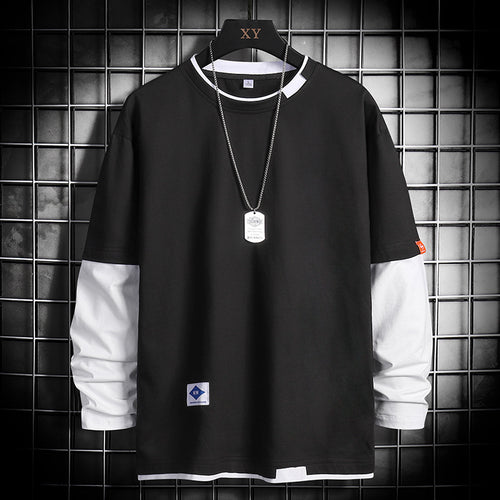 Black and white long sleeve T-shirt with dog tag necklace, urban streetwear style