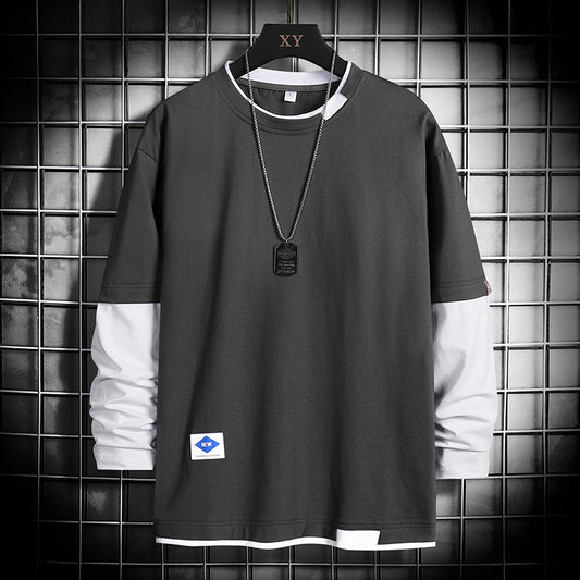Black and white long sleeve layered t-shirt with dog tag necklace, modern streetwear style