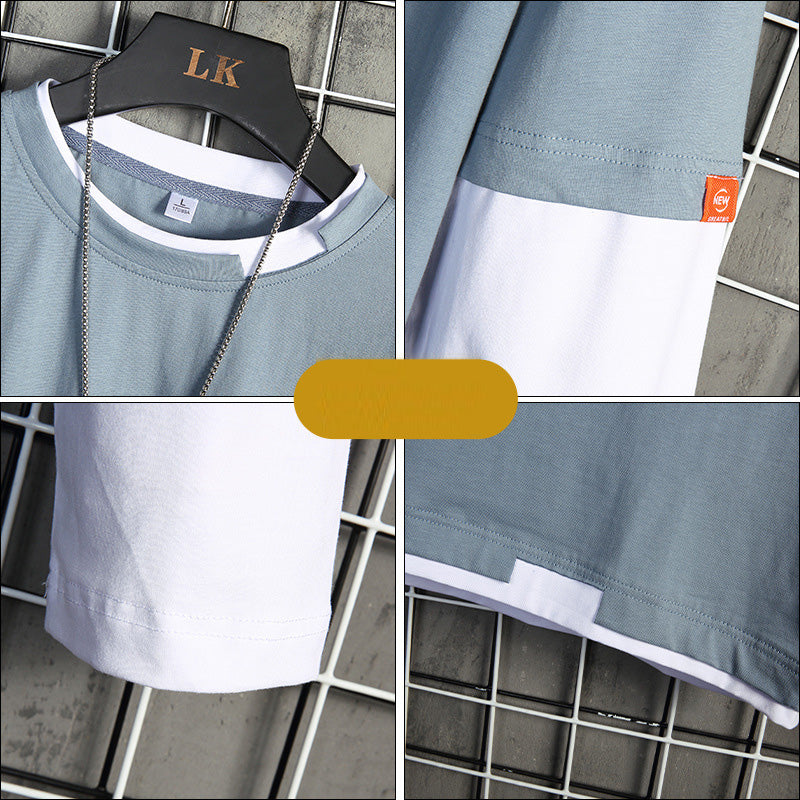 Light blue and white color-block t-shirt with LK hanger, featuring clean seams and orange brand tag
