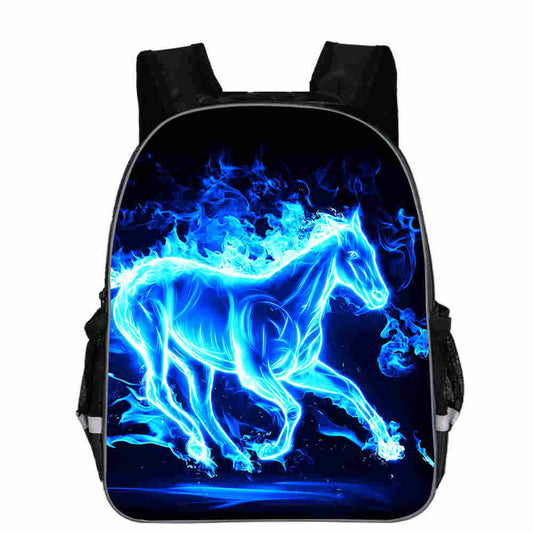Blue flame horse print backpack for kids, school or travel, stylish and durable design