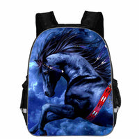 Blue horse print backpack with starry sky design, ideal for school or travel