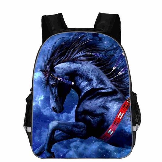 Blue horse print backpack with starry sky design, ideal for school or travel