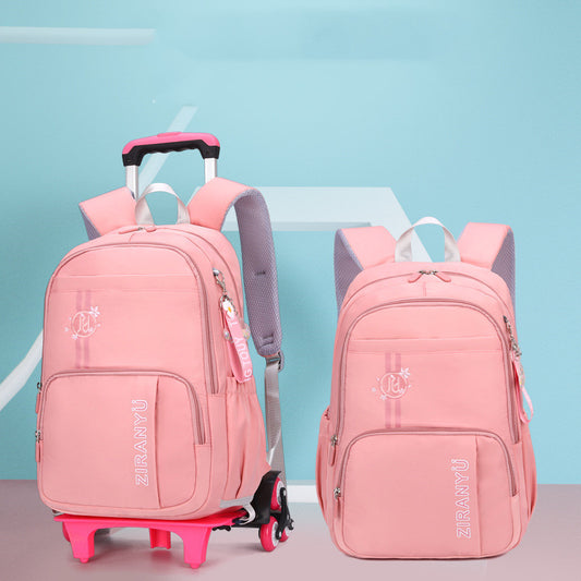 Pink ZIRANYU rolling backpack and matching school bag for kids, ideal for travel and daily use