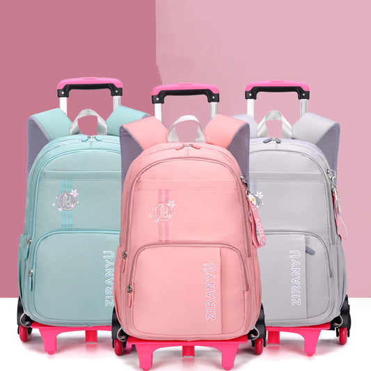 Pink, blue, and gray rolling school backpacks with wheels and handles for kids