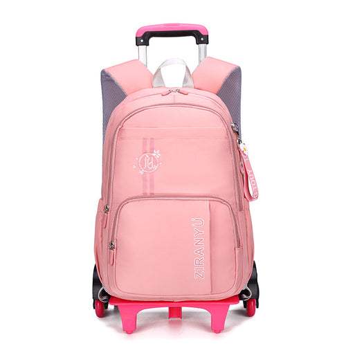 Pink rolling backpack with wheels and handle, ideal for school or travel