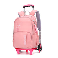 Pink rolling school backpack with wheels and retractable handle, ideal for kids and travel