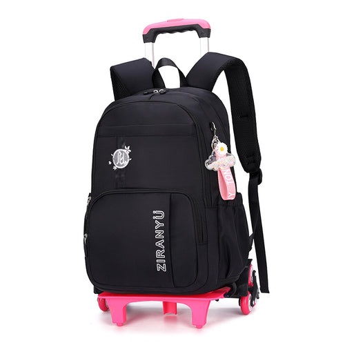 Black rolling backpack with pink handle and wheels, featuring ZIRANYU branding and cute charm accessory