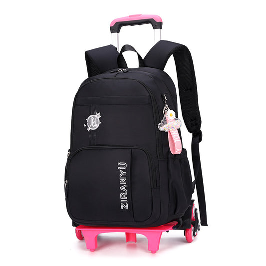 Black rolling backpack with pink handle and wheels, featuring ZIRANYU branding and cute charm accessory