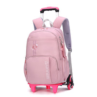 Pink rolling school backpack with wheels, adjustable straps, and ZIRANYU branding for kids