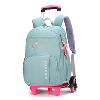 Light blue kids rolling backpack with pink handle and wheels, ideal for school or travel