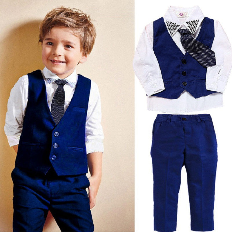 Boy in navy blue formal suit with vest, tie, and white shirt – perfect for parties or weddings