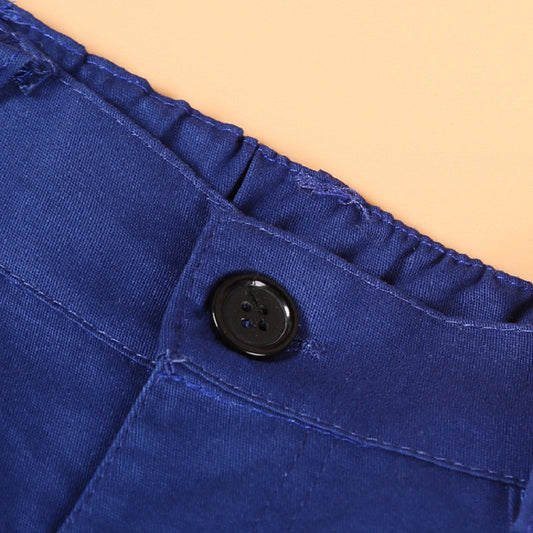Blue cotton pants with black button and elastic waistband detail