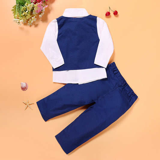 Navy blue kids formal outfit with white shirt and matching pants, styled with flowers and cherries