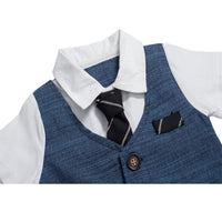 Blue boys formal vest set with white shirt, striped tie, and pocket square for special occasions