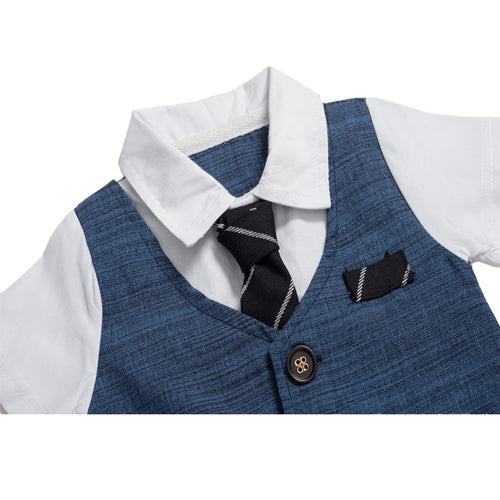 Blue boys formal vest set with white shirt, striped tie, and pocket square for special occasions