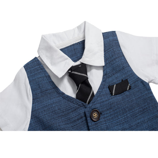 Blue boys formal vest set with white shirt, striped tie, and pocket square for special occasions