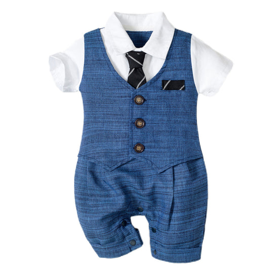 Blue baby boy romper with white shirt, tie, and vest for formal occasions