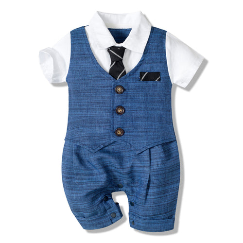 Blue baby boy formal romper with white shirt, tie, and vest for special occasions