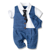 Blue baby boy romper with vest, white shirt, and tie – formal infant outfit for special occasions