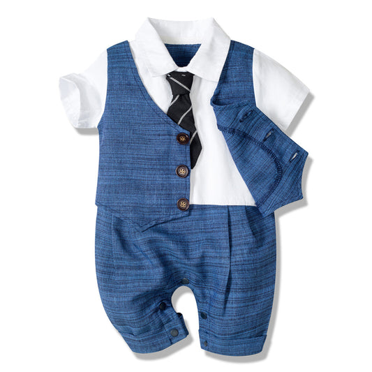 Blue baby boy romper with vest, white shirt, and tie – formal infant outfit for special occasions