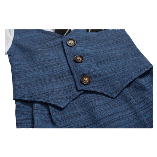 Blue linen vest with three-button front, ideal for men's fashion and formal wear