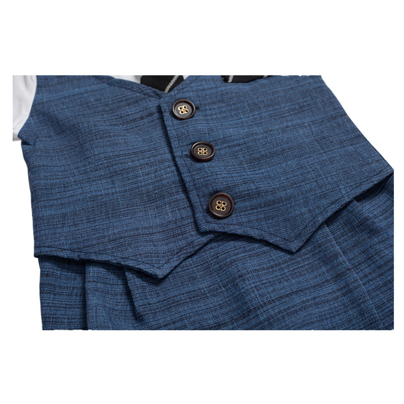 Blue linen vest with three-button front, ideal for men's fashion and formal wear