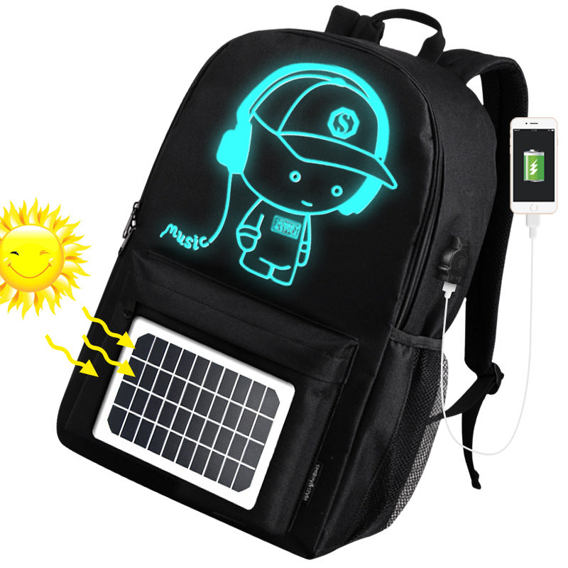 Solar-powered backpack with glowing LED design, USB charging port, and music-themed graphic for tech-savvy travelers