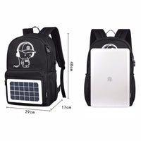 Black solar panel backpack with cartoon design, fits laptop, 48cm height, ideal for students and travel