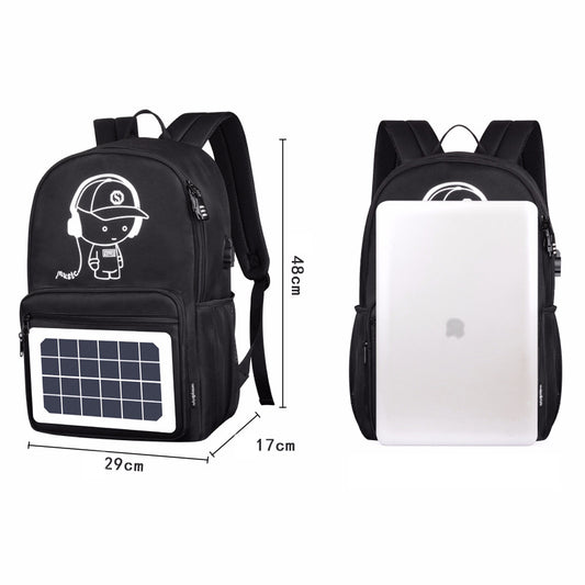Black solar panel backpack with cartoon design, fits laptop, 48cm height, ideal for students and travel