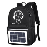 Black solar panel backpack with cartoon music lover design, USB charging port, ideal for students and travelers