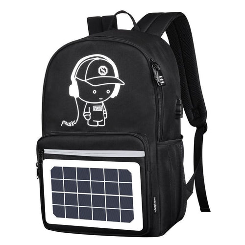 Black solar panel backpack with cartoon music lover design, USB charging port, ideal for students and travelers