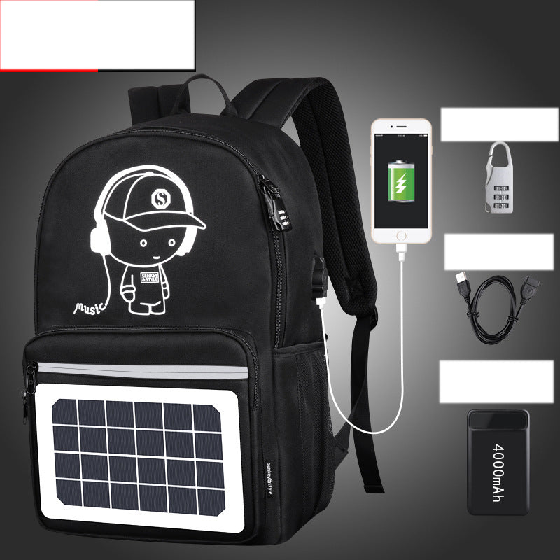 Black solar-powered backpack with USB charging port, cartoon graphic, and 4000mAh power bank accessory