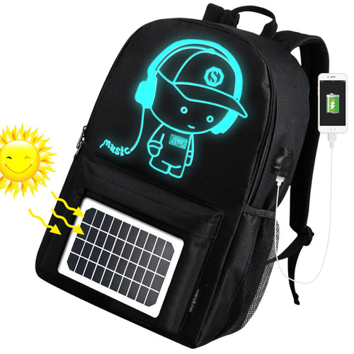 Solar-powered backpack with glowing LED cartoon design and USB phone charging port