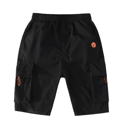 Black cargo shorts with orange alien patch and side pockets, stylish streetwear for men