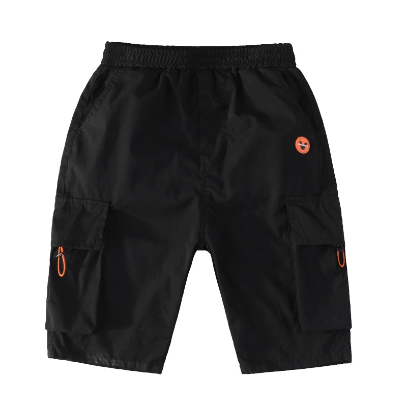 Black cargo shorts with orange alien patch and side pockets, stylish streetwear for men