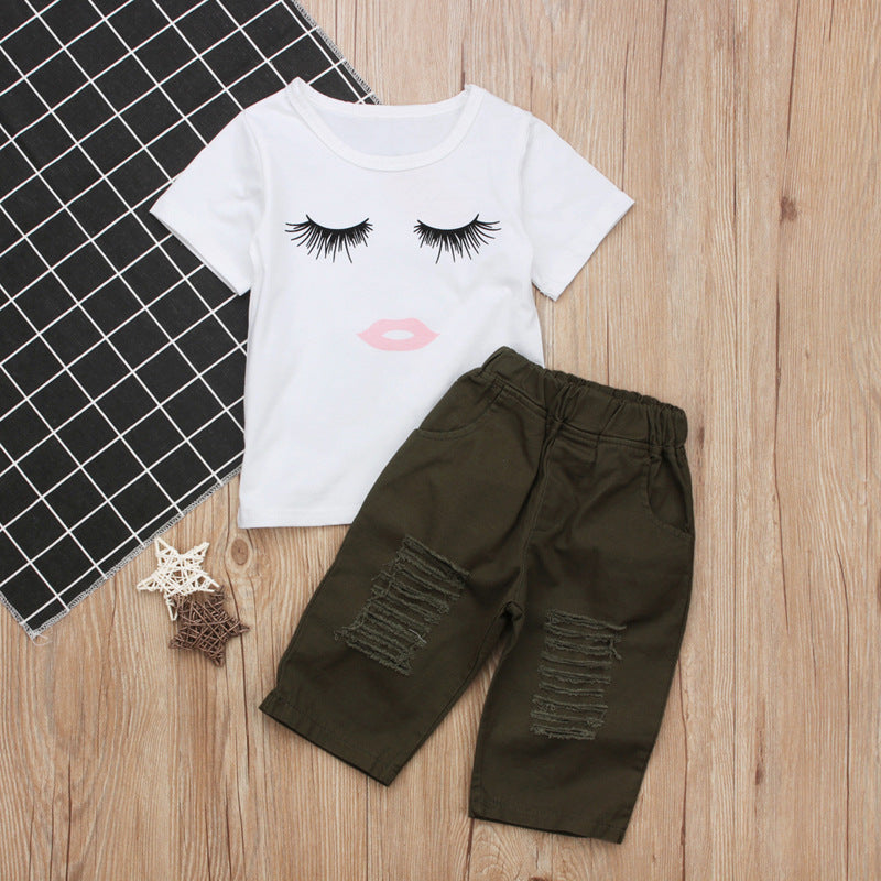 Kids' white eyelash print tee with olive ripped shorts, stylish children's fashion set