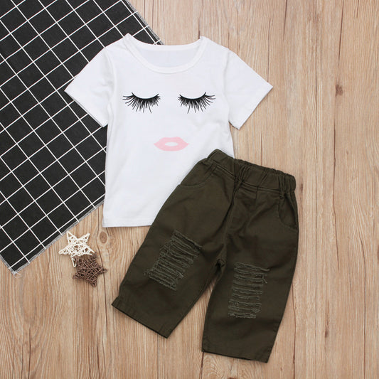 Kids' white eyelash print tee with olive ripped shorts, stylish children's fashion set