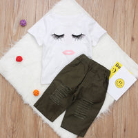 Kids fashion set: white eyelash tee & olive ripped pants, playful style for toddlers