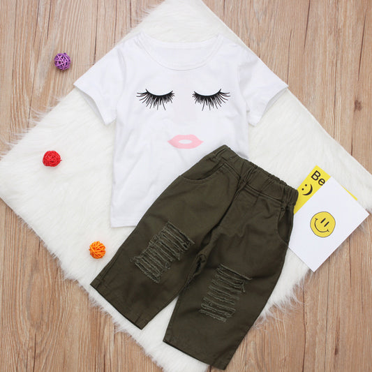 Kids fashion set: white eyelash tee & olive ripped pants, playful style for toddlers