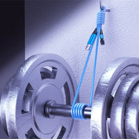 Blue braided USB cable wrapped around dumbbell, showcasing durability for electronics
