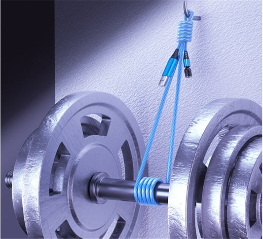 Blue braided USB cable wrapped around dumbbell, showcasing durability for electronics