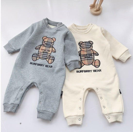 Gray and cream baby rompers with plaid teddy bear print, soft cotton one-piece outfits for infants