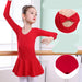 Girl in red long-sleeve ballet leotard with bow back and flared skirt, dancewear for kids