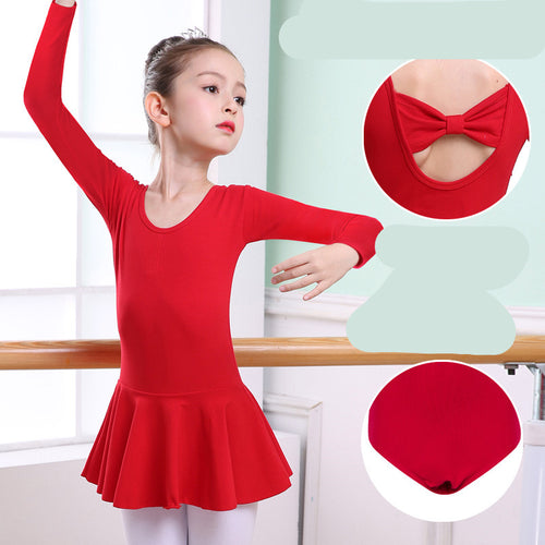Girl in red long-sleeve ballet leotard with bow back and flared skirt, dancewear for kids