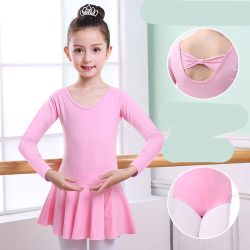 Pink long-sleeve ballet leotard with skirt, bow back detail, perfect for dance practice or performance